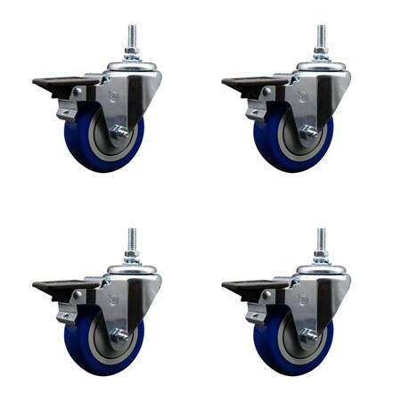 Service Caster 35 Inch Blue Polyurethane 12 MM Threaded Stem Caster Set with Brake SCC-TS20S3514-PPUB-BLUE-PLB-M1215-4